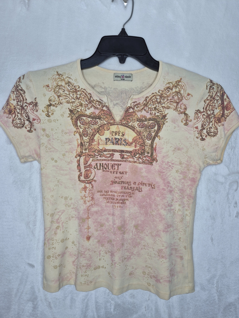 Skinny Minnie Vintage Y2K Paris Rhinestone Floral Baby Tee Cream Pink Womens L
